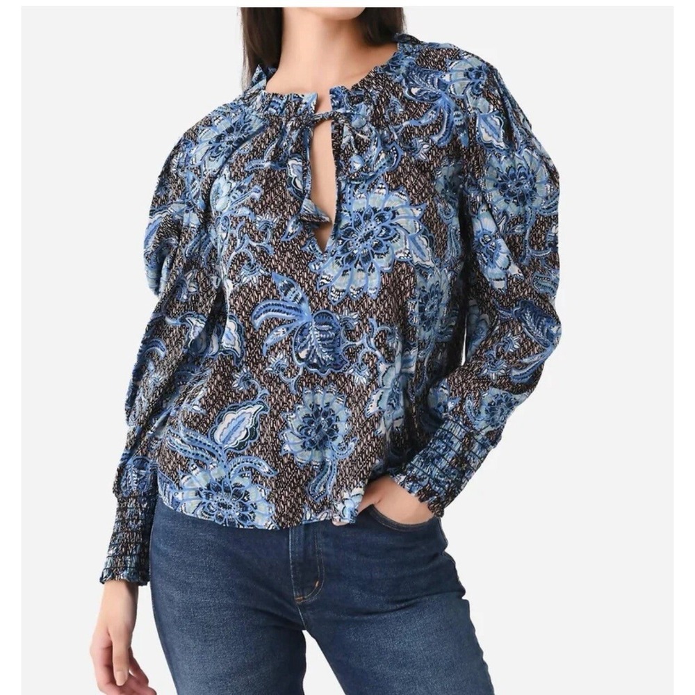 MISA Los Angeles Pai Floral Blouse Women's‎ M Split Neck Boho Peasant Top Blue